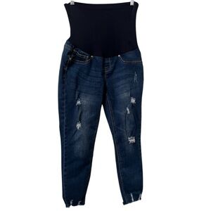Blue Savvy Maternity Over the Belly Blue Jeans Pull On Pockets Sz L Distressed